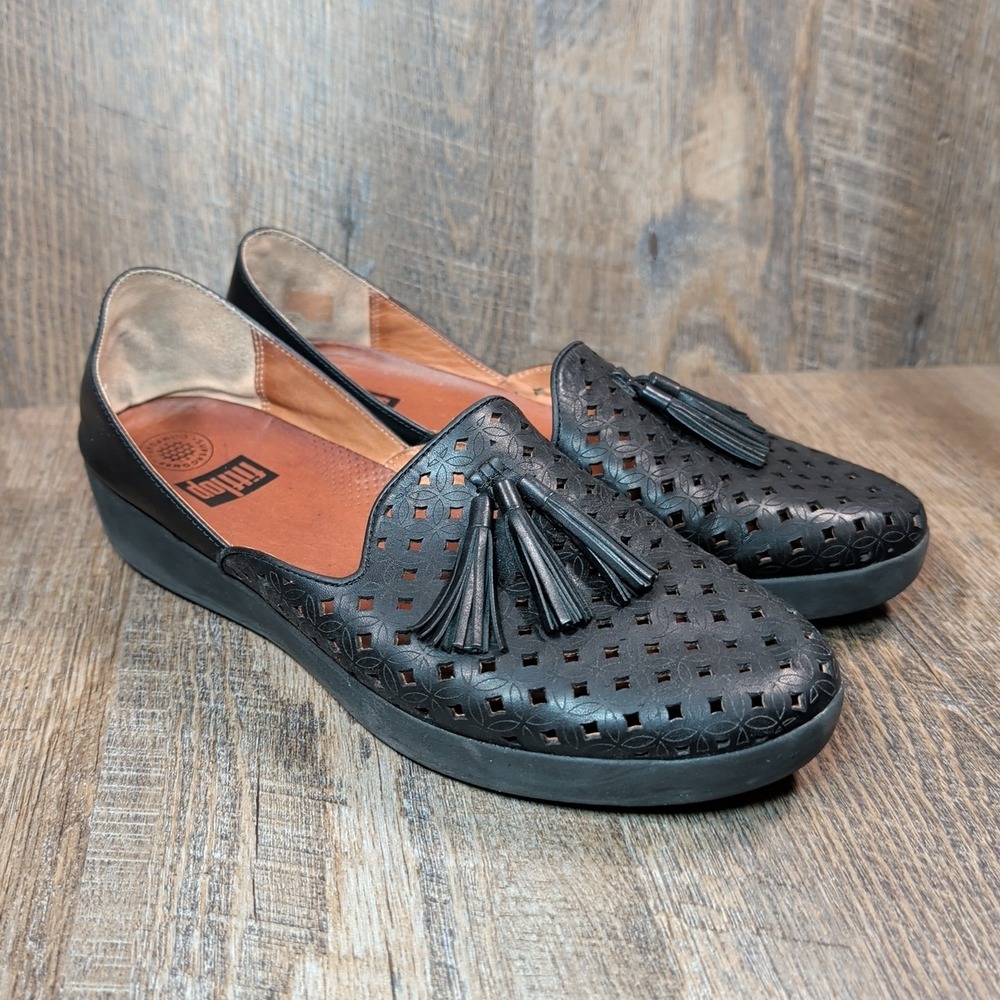 Fitflops Tassel Superskate D'Orsay Latticed Leather Loafer Slip-Ons Black Sz 11
